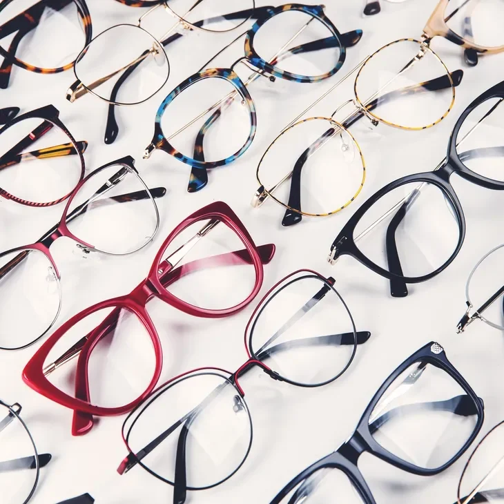 A variety of stylish eyeglasses arranged on a white surface.